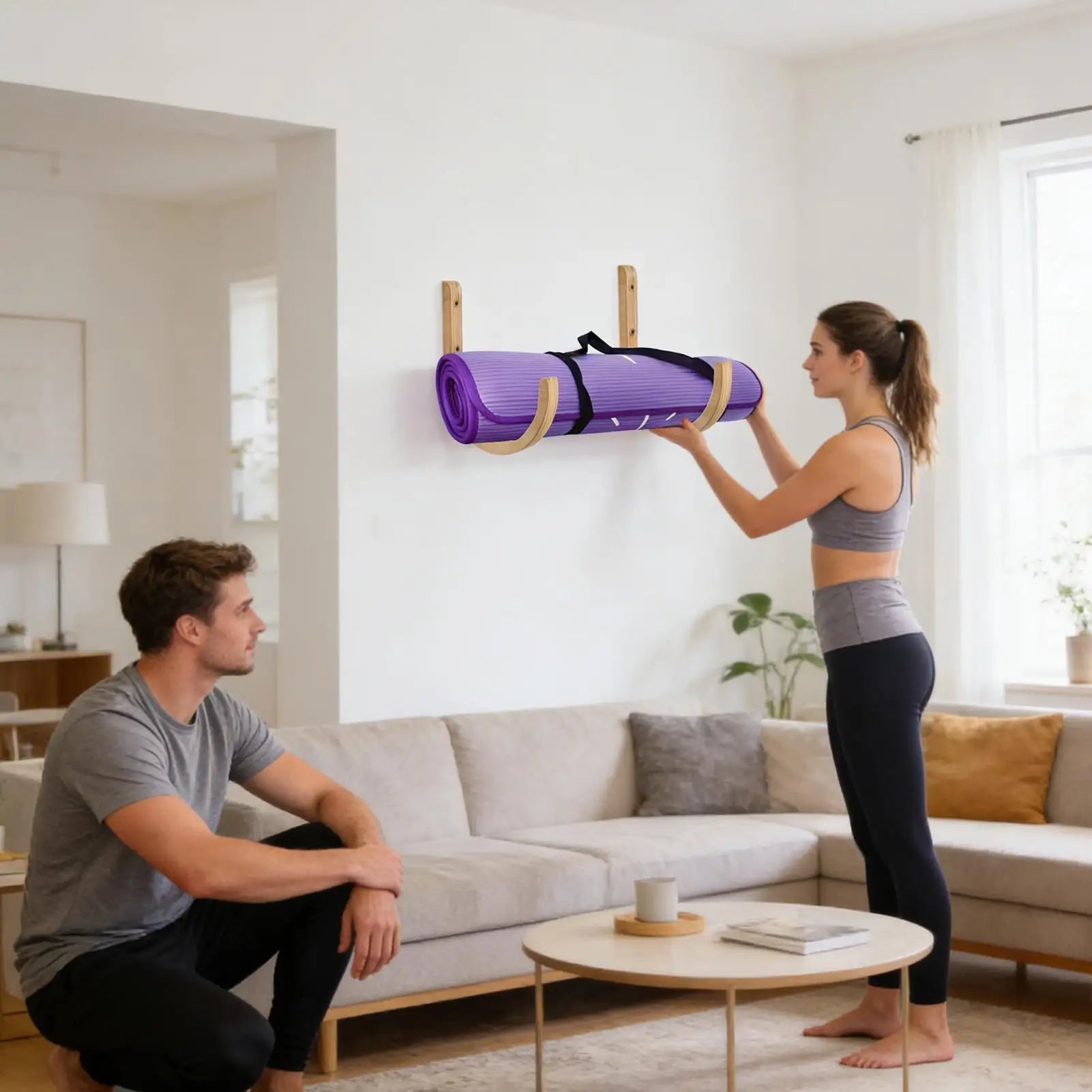Yoga Mat Storage 2 Pieces Wooden with Screws Yoga Accessories Exercise Mat Rack for Home Indoor Workout Equipment Resistance